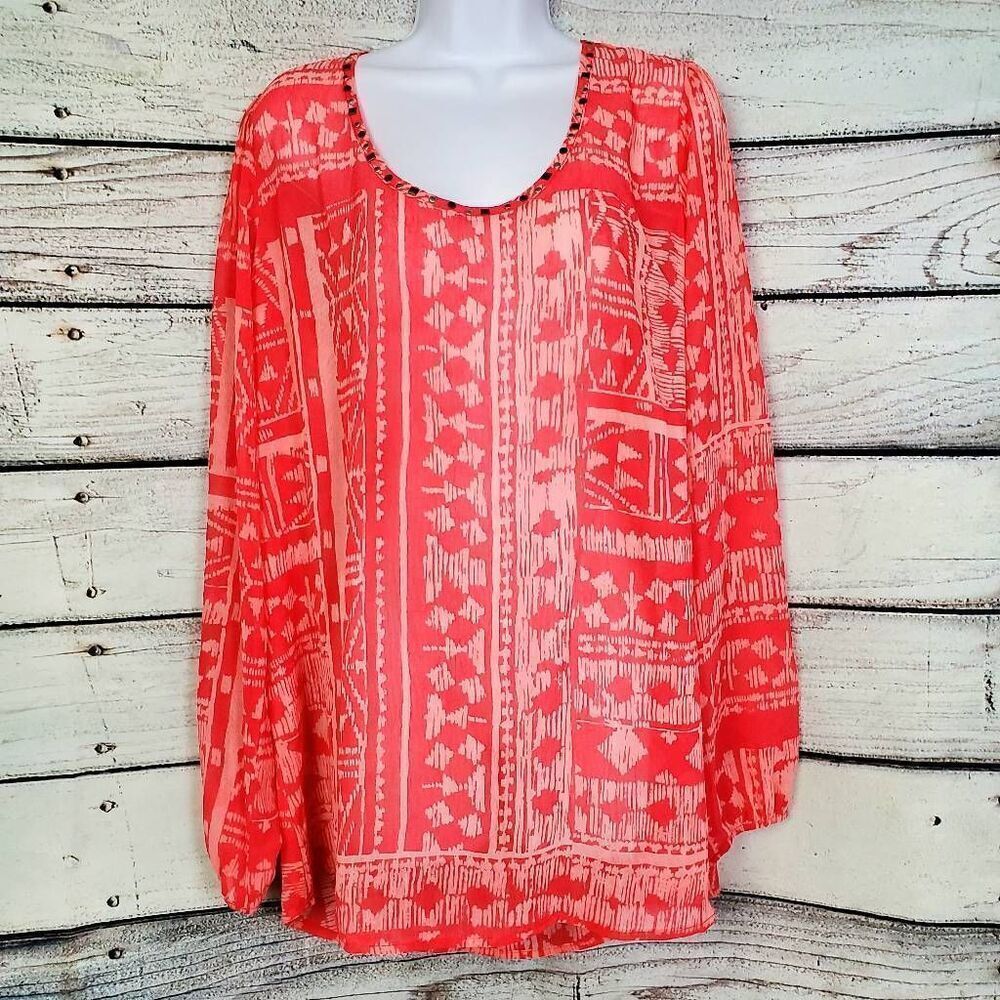 Studio Y Women’s XL Coral Pink Long Sleeve Sheer Blouse Studded Boho Print